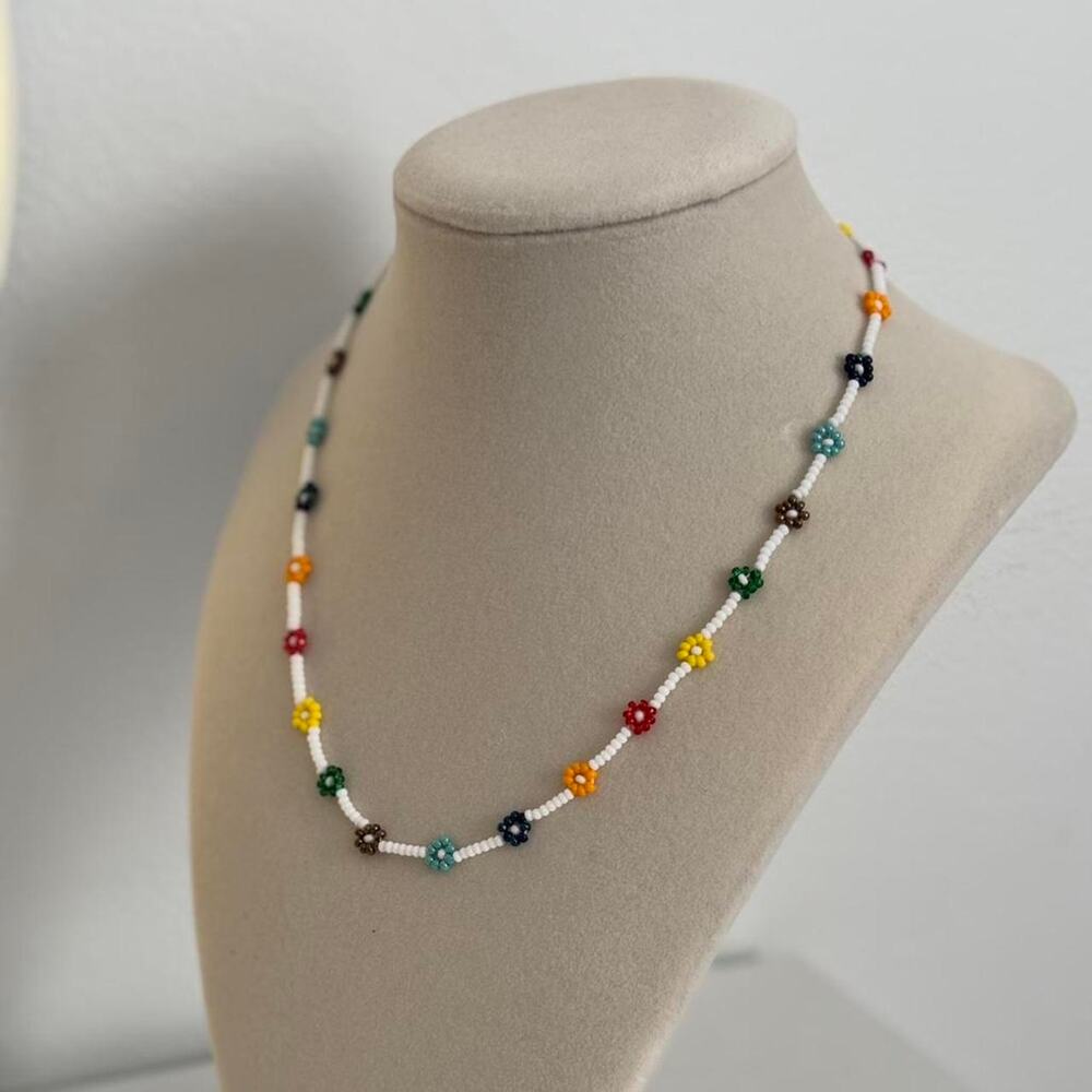 Handmade Beaded Necklace Colorful Flower Beads Floral Jewelry Unique Gift - Picture 4 of 4